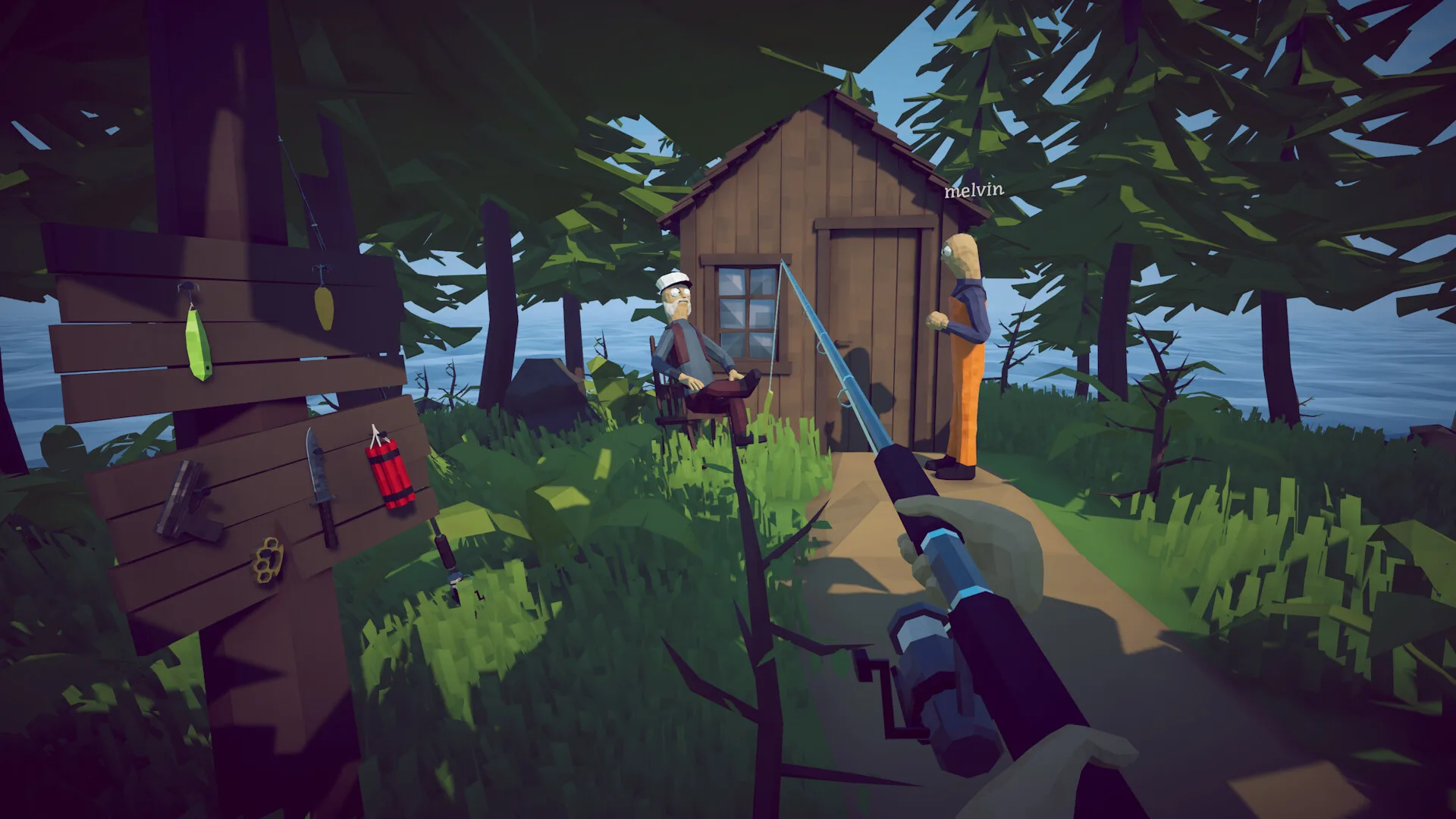 A forest fishing camp and equipment area in How to Fish