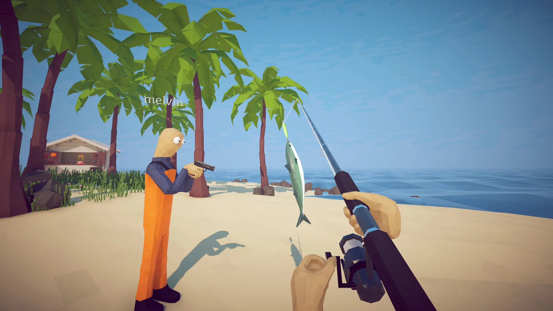 A player lands a fish while a co-op partner holds a weapon on a tropical beach in How to Fish