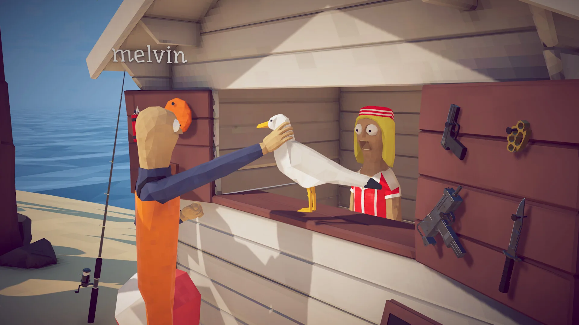 A player holding a seagull at an island vendor in How to Fish