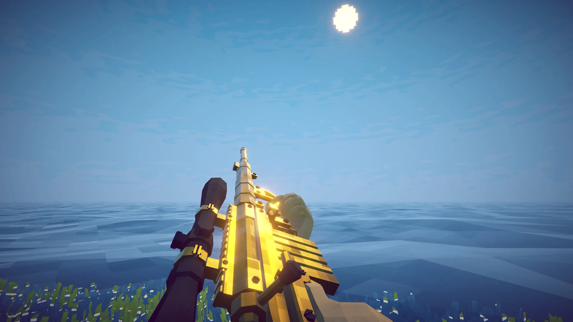 A golden weapon pointed across the ocean in How to Fish
